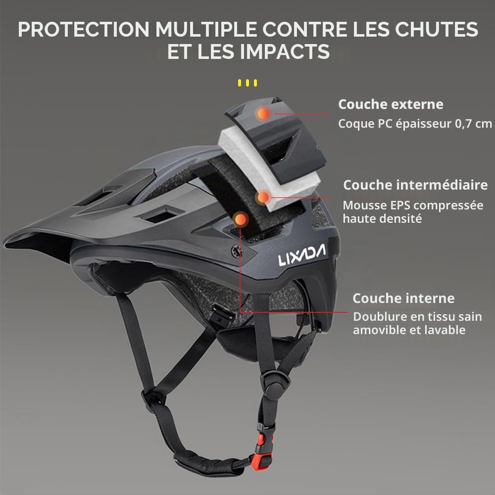 Kavolet Casque de vélo pour adulte - Casque de VTT pour homme et femme - Tour de tête de 55 à 61 cm - Cadran réglable - Visière amovible - 14 ouvertures d'aération