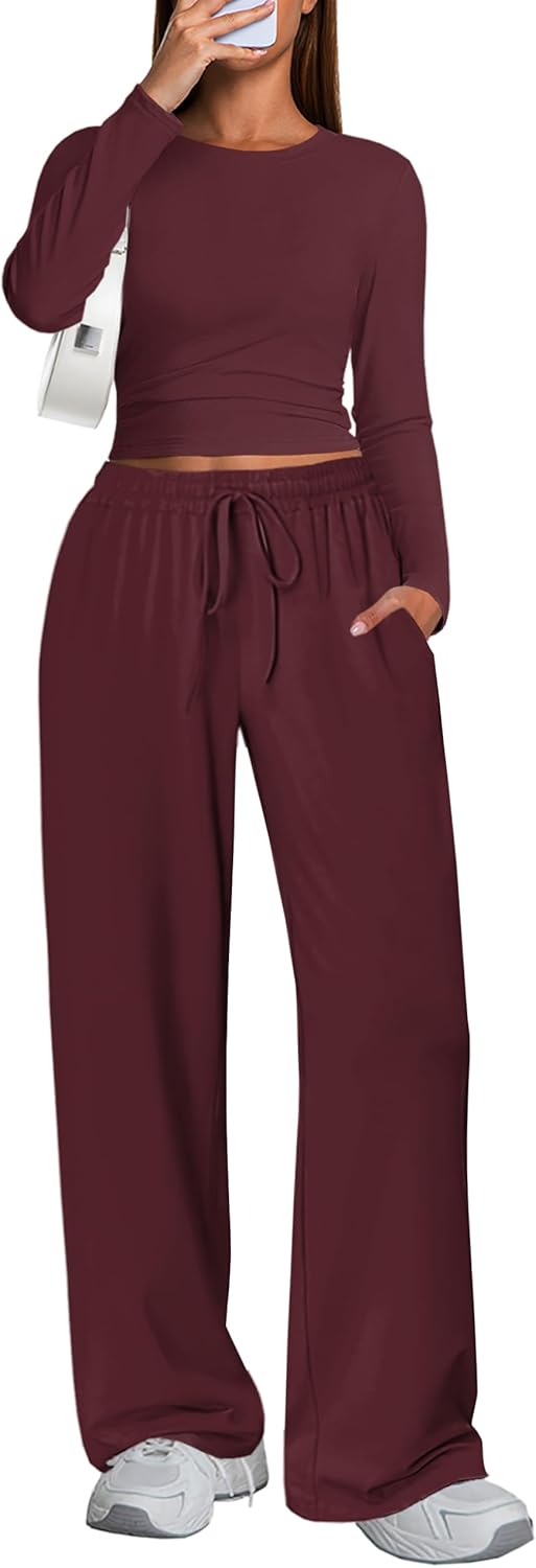 Women's 2 Piece sets of matching lounge suits for ladies: long-sleeved top, wide-le...