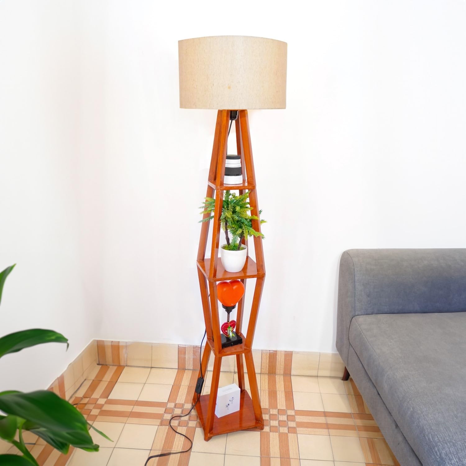 MF Super Wooden Floor Lamp with 4 Shelves, LED Bulb Included with Colors Shade for Home & Décor(Jute, Hood, Brown Stand, Pack of 1)-image-35