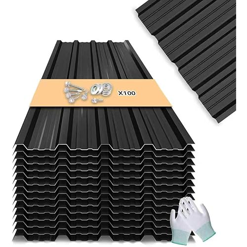 Metal Roofing Panels - 20 Pcs Waterproof Heavy Duty Metal Roof Panels Galvanized Steel Corrugated Tin Roof Panel for Carports Tool Sheds Patio Porch Pergola, Easy to Install Black, 42.52x17.7in