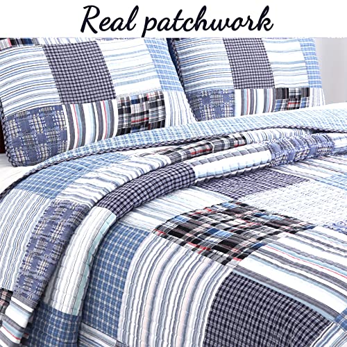 Cozy Line Home Fashions BB01090604EQ 100% Cotton Reversible Quilt Bedding Set, Navy Blue Denim Plaid Striped Real Patchwork Coverlet Bedspread thumb #1