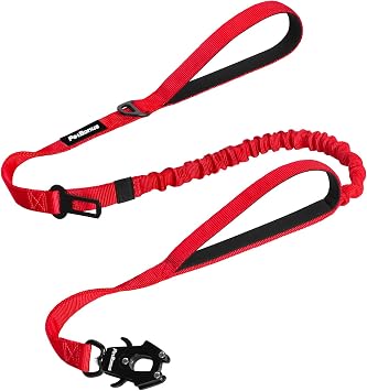 PetBonus Heavy Duty Tactical Dog Leash, 5 FT Bungee Shock Absorption Leash | 2 Padded Handles, Quick Release Metal Clip, Car Seatbelt, No Pull Training Lead, For Large Medium Dog, Red