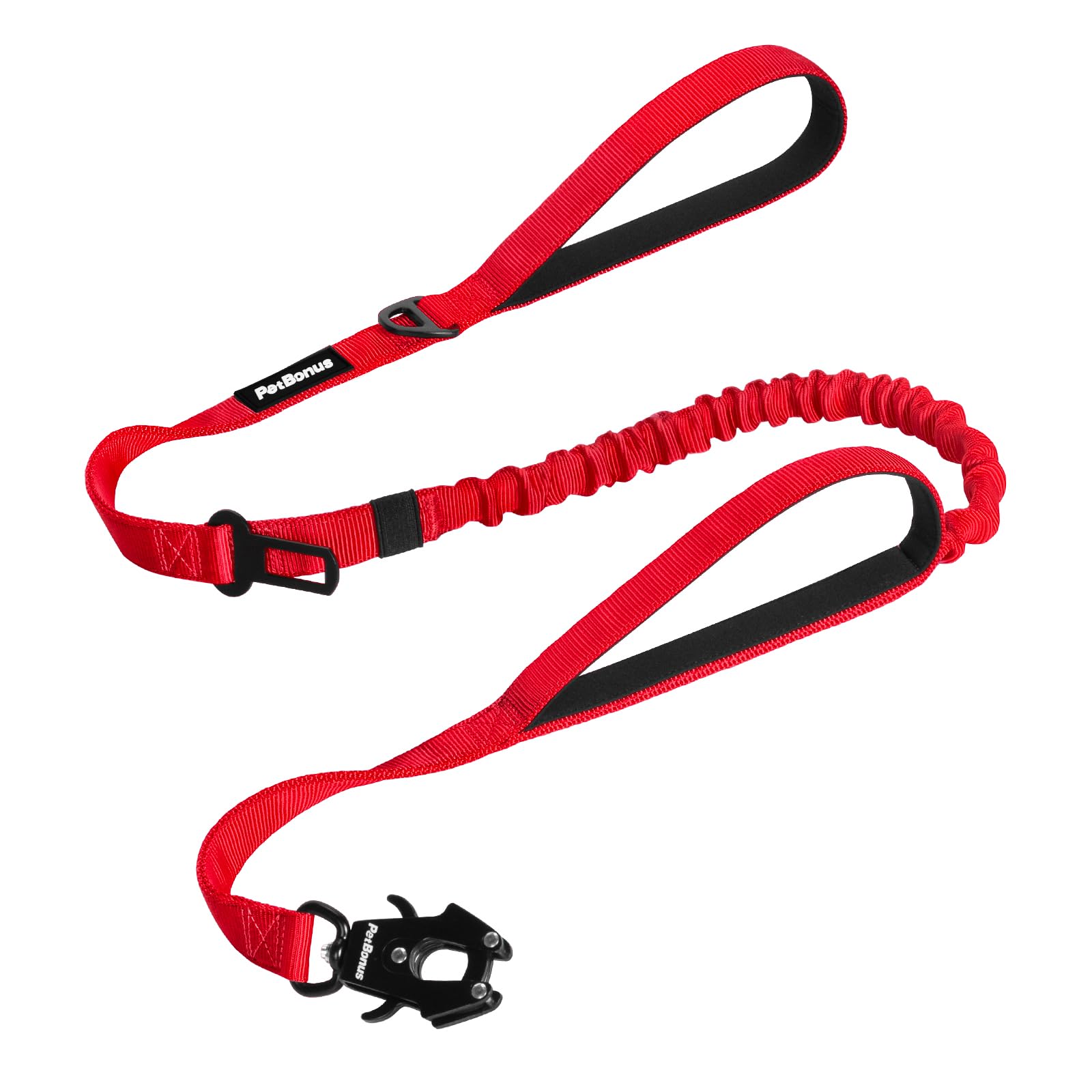 PetBonus Heavy Duty Tactical Dog Lead, 150 cm Bungee Shock Absorption Lead with 2 Padded Handles, Quick Release Metal Clip, Car Seatbelt, No Pull Training Leash for Large Medium Dogs（Red）