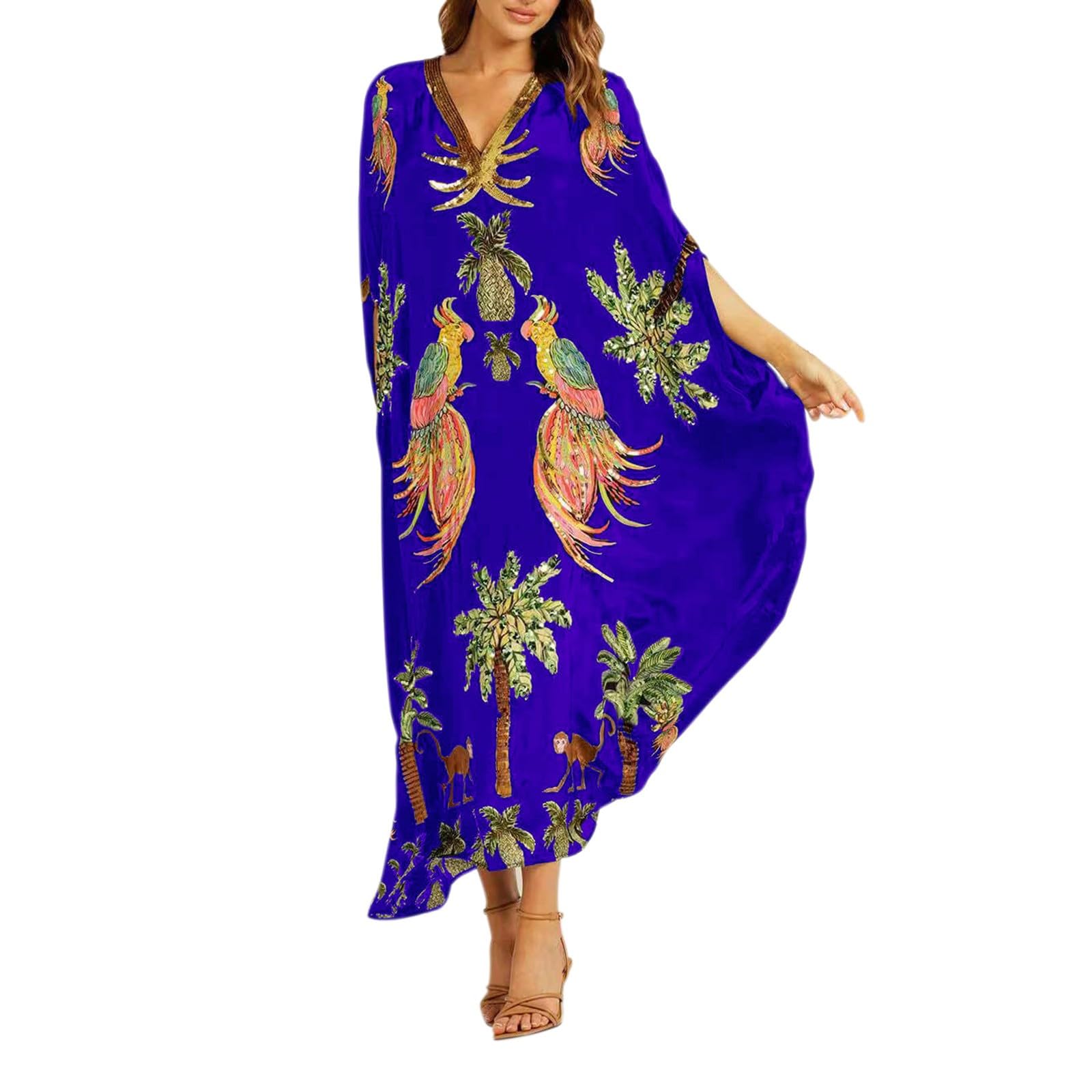 Abito estivo da donna, leggero e arioso, lungo, elegante, da spiaggia, estivo, con scollo a V, con stampa hawaiana, taglie forti, per il tempo libero, vintage, per le vacanze