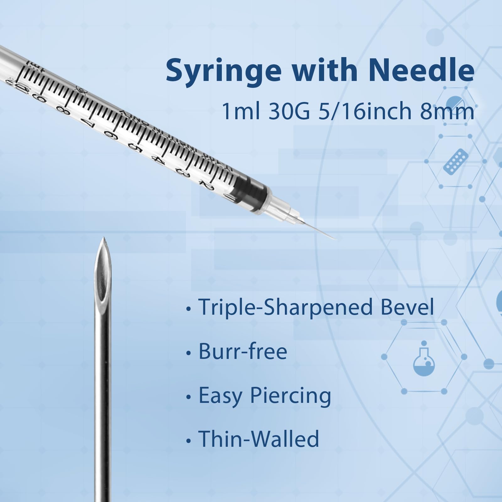 Jeringa U-100, 1 ml, 30 g, 5/16 pulgadas, 8 mm, herramientas de laboratorio, envueltas individualmente, paquete de 30