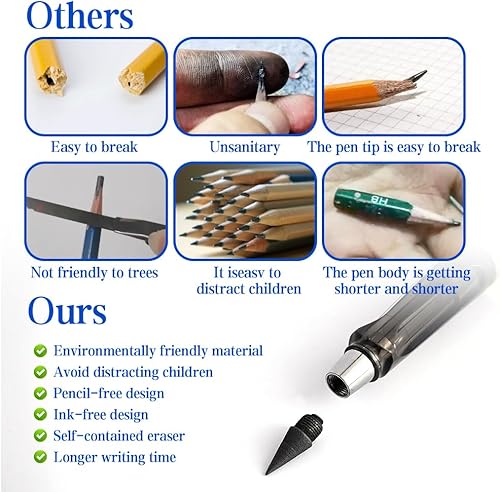 Miniatura 5 de 9 lápices infinitos con 9 puntas de repuesto para bolígrafos, lápiz eterno, sin afilar lápices para niños, escribir, dibujar, suministros escolares
