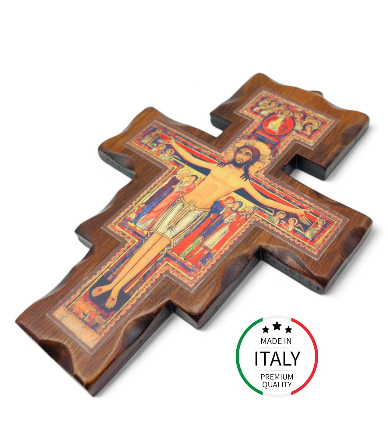 Croix San Damiano La Balestra en Bois Mural 19x14 Fabriqué en Ombrie Italie