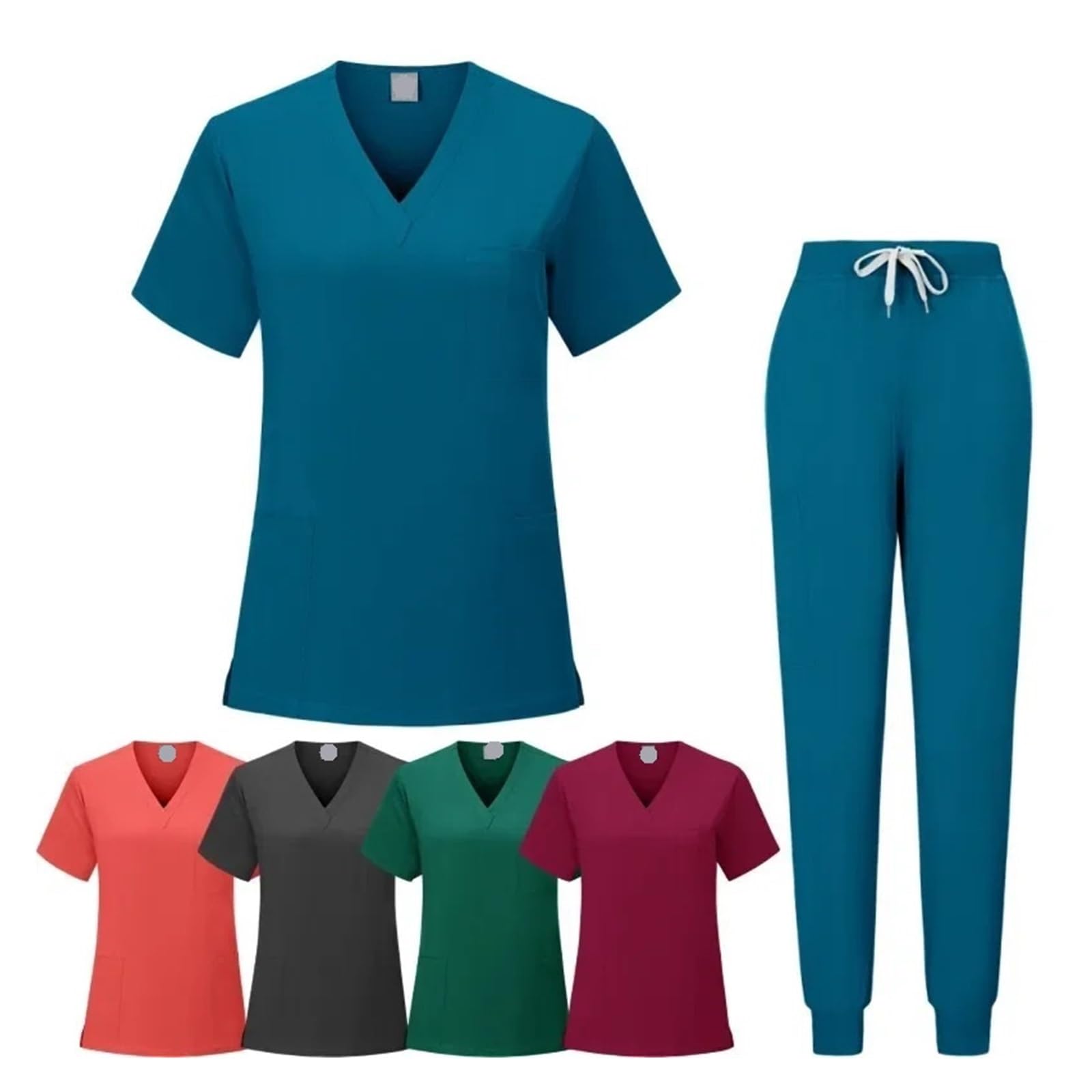 Medizinische Arbeitskleidung Damen Krankenschwester Uniformen Frau Kurzarm V-ausschnitt Top Scrubs Jogger Hosen Scrubs Set Frauen Sommer Casual Uniformes FüR Beauty Salon Klinik Krankenhaus(Blue,M)