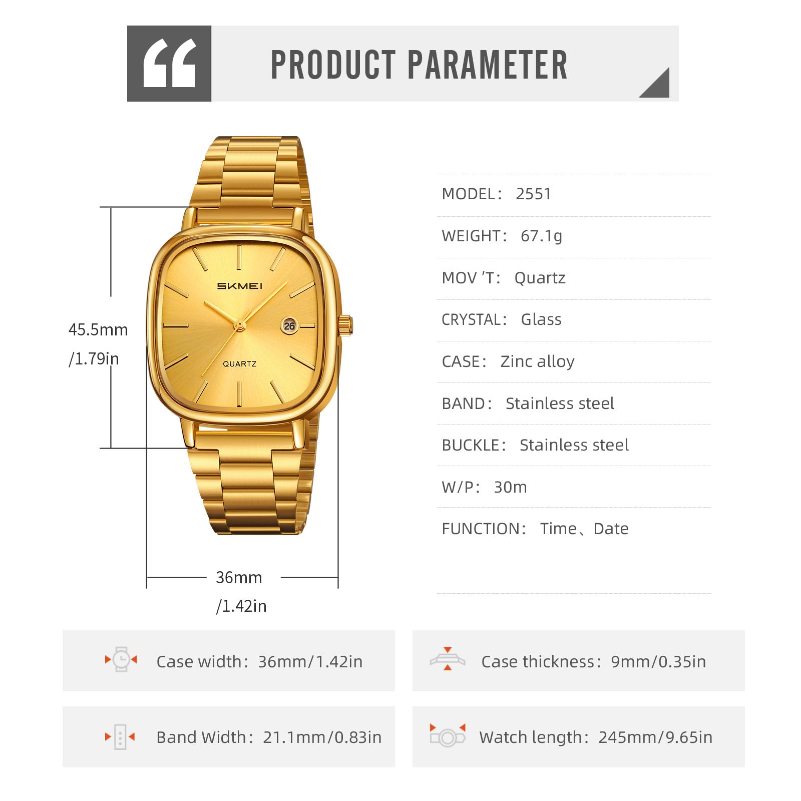 Gosasa Orologio da polso analogico da uomo, minimalista, quadrato, al quarzo, alla moda, casual, impermeabile, ultra sottile, cinturino in acciaio inox con datario, regalo per uomini e donne