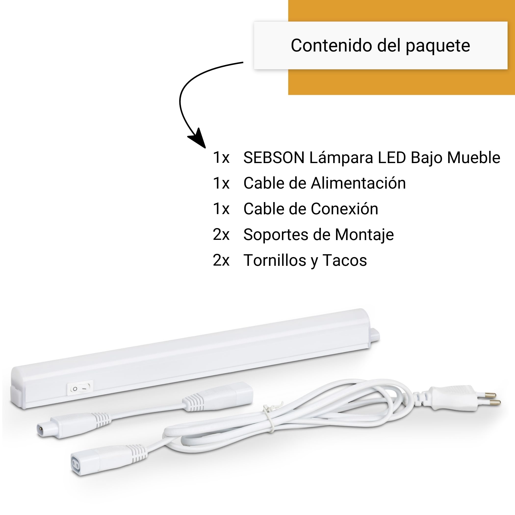 SEBSON Luz LED Cocina bajo Mueble 60cm con Enchufe e Interruptor | 9W, 1400lm, Blanco Neutro - Barra LED 230V, Luz Armario 570x30x22mm