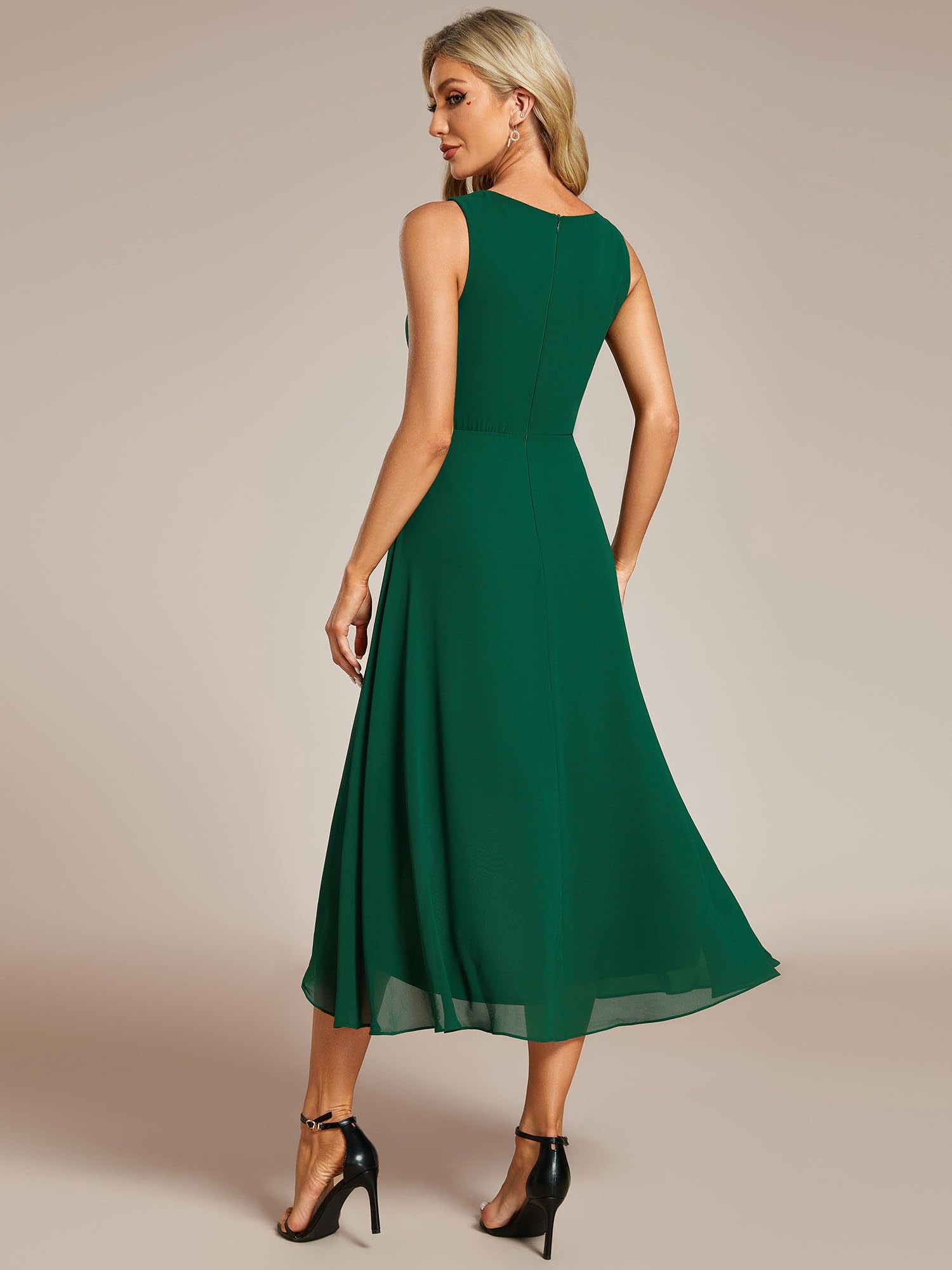 Ever-Pretty Vestito Elegante Donna Cerimonia Applique High Low Senza Maniche Chiffon Scollo a V Abito da Ospite Orlo Irregolare EG41926