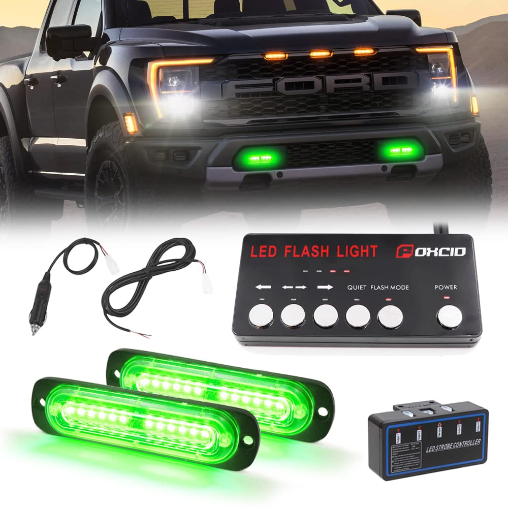 FOXCID 2 x LED Emergency Grille Surface Mount Strobe Light Ultra Slim Sync Feature Hazard Warning Flasing for Vehitcle (Green)