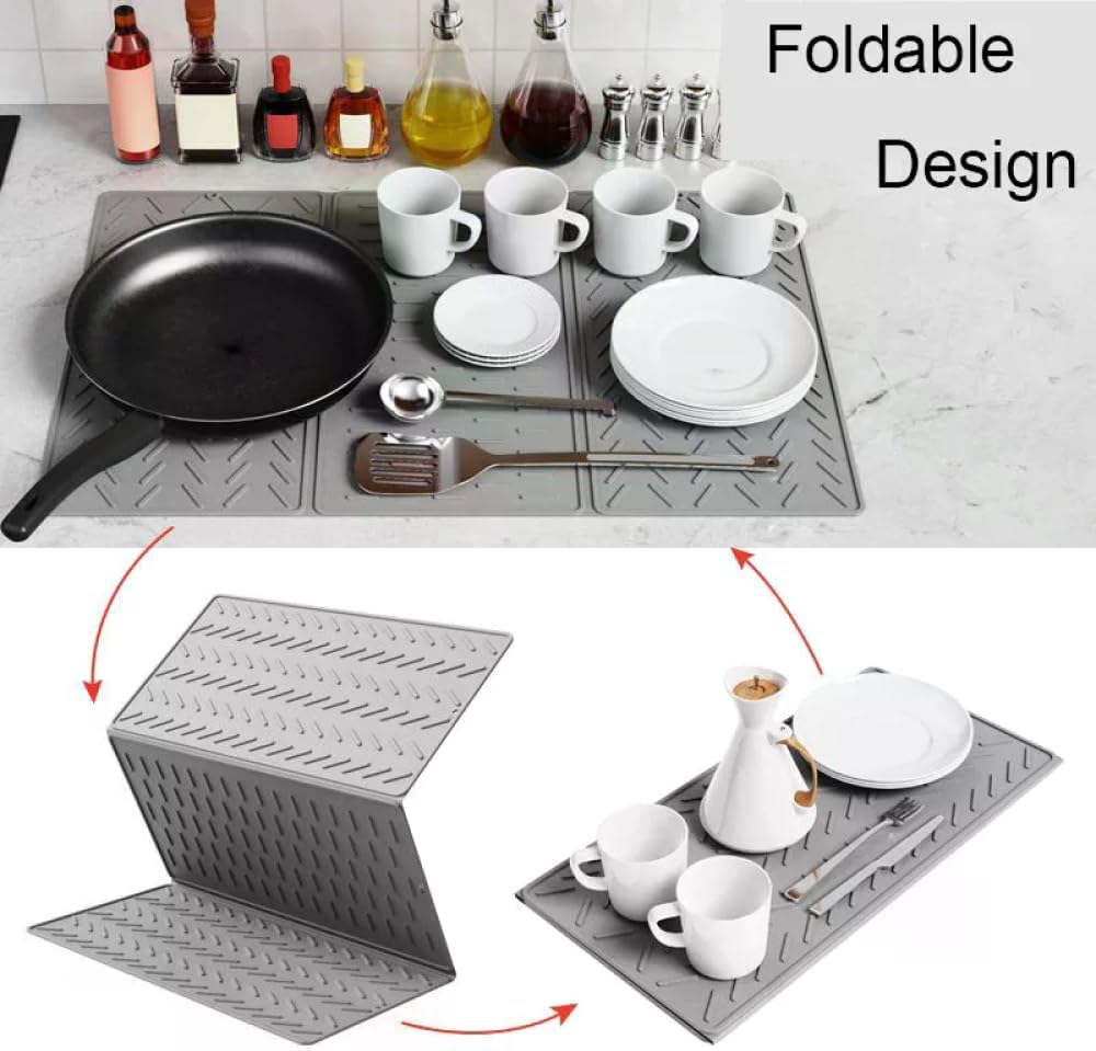 折りたたみシリコーン排水パッド乾燥マットポット皿排水マットキッチン食器用防水耐熱ノンスリップマットパッド - 色: Grey - サ