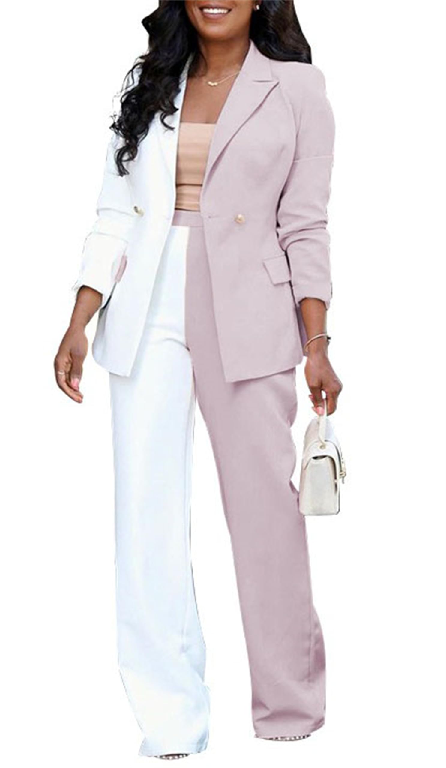 Women Blazer and Trousers Set Casual Office 2 Piece Outfits Color Block Business Suits Color Block Suit Set