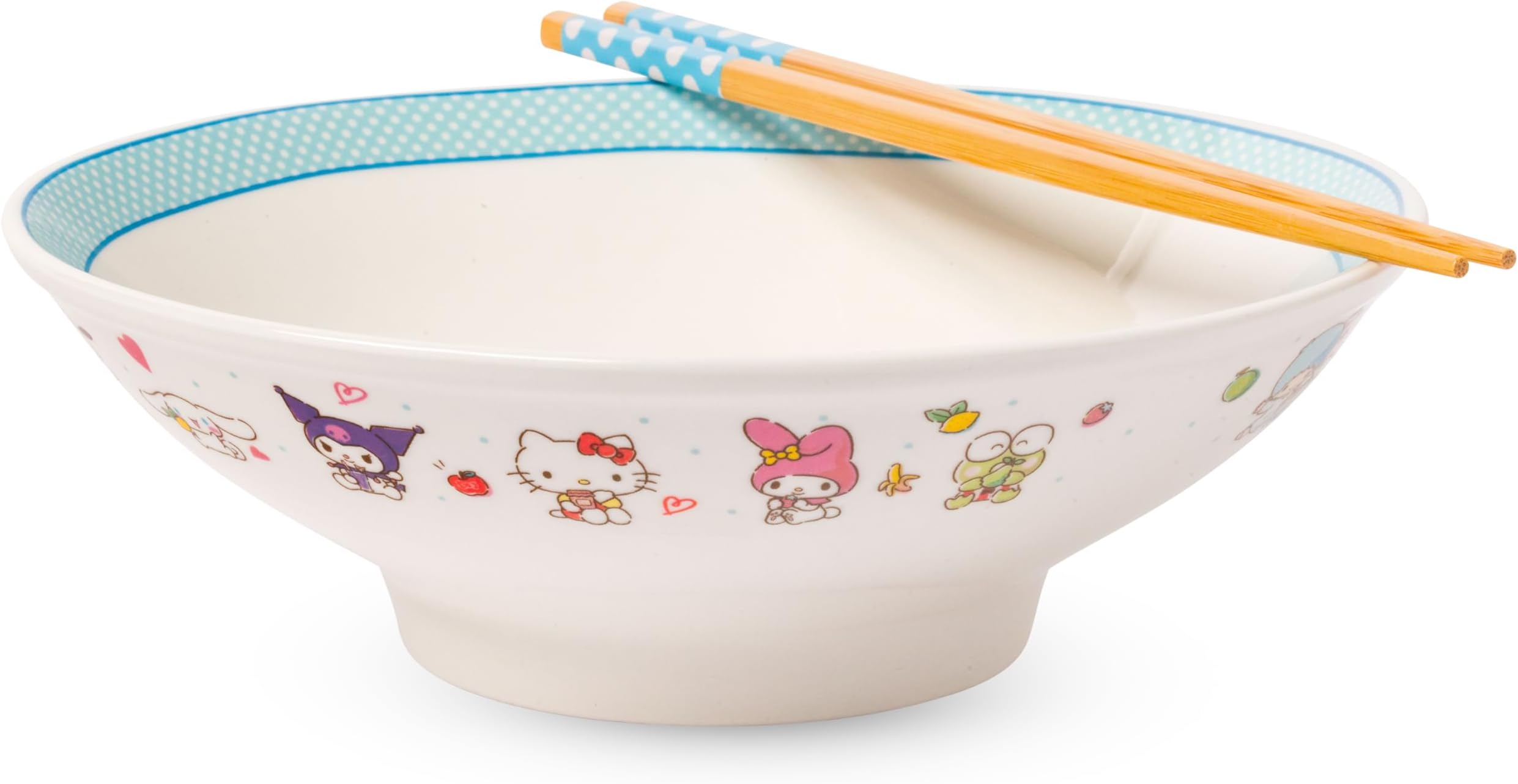 Hello Kitty and Friends Little Twin Stars, Pompompurin, Pochacco, Cinnamoroll, Kuromi, My Melody, and Keroppi Ceramic Ramen Noodle Rice Bowl with Chopsticks, Microwave Safe, 30 Ounces