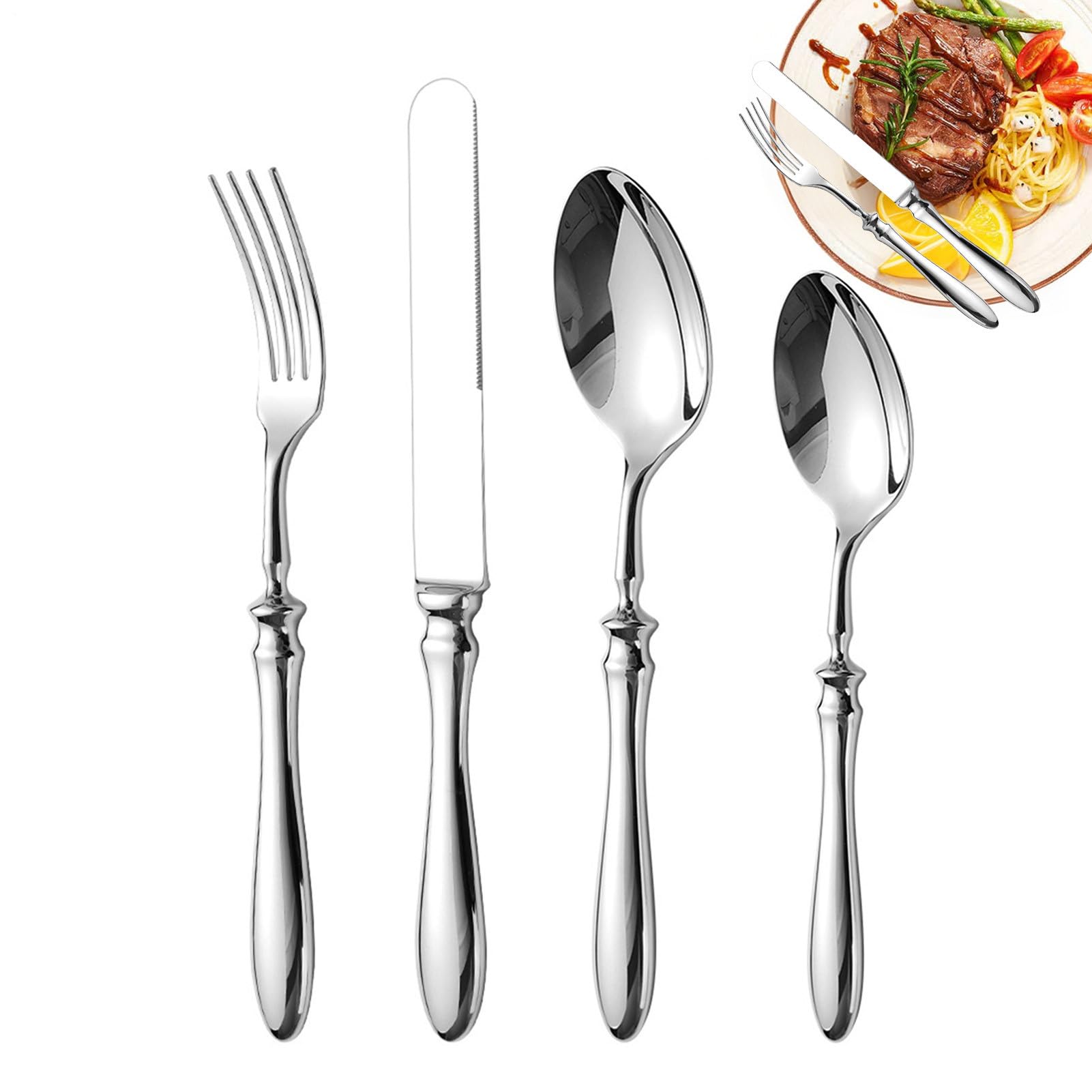 Set De Cubiertos Acero Inoxidable Cuchillo Para Filetes, Tenedor Y Cuchara | Set Vajilla Cocina y Mesa Para Cena Boda Camping Restaurante Aire Libre Viaje Ensalada Bistec Postre Sopa