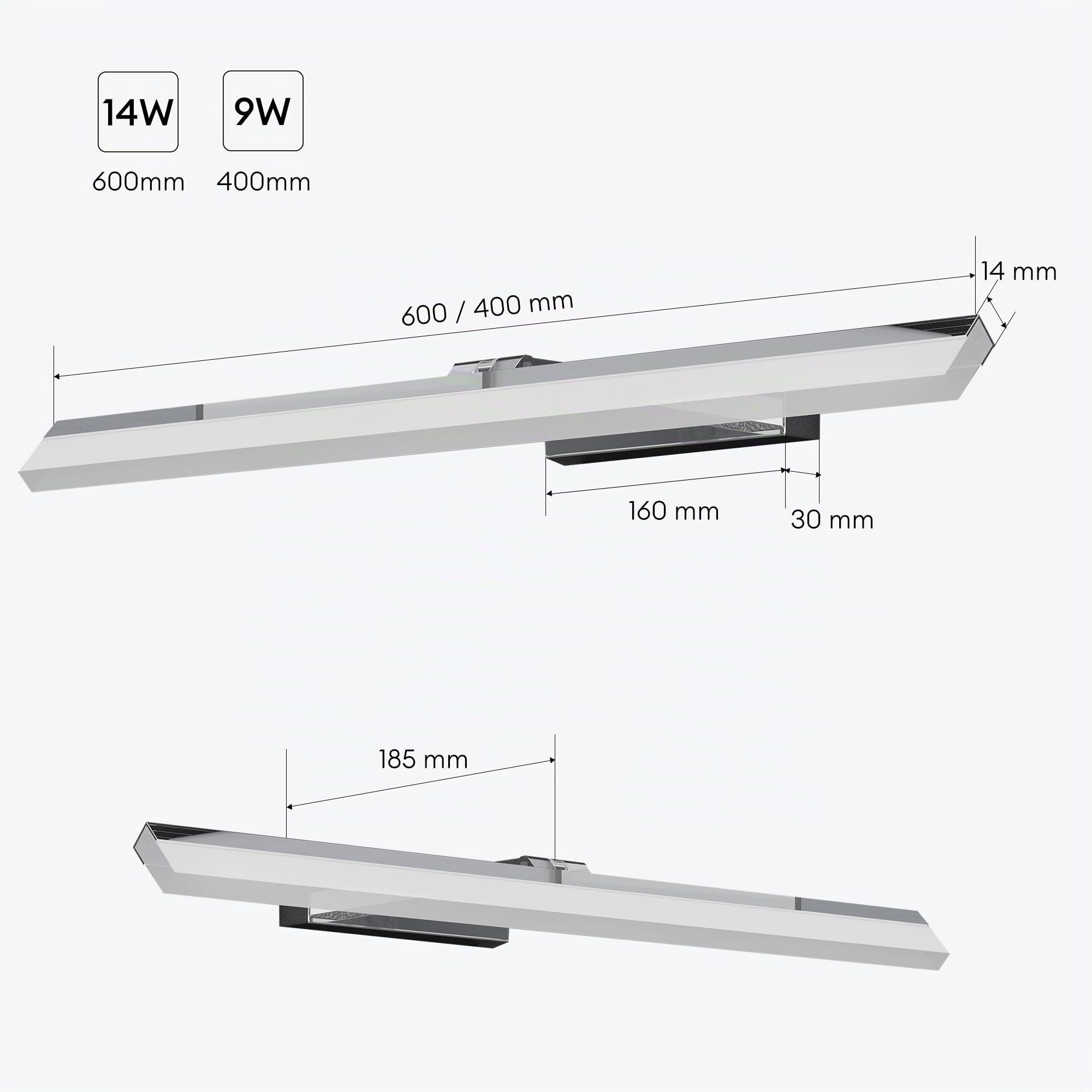 Mai & Mai Lampe Murale Miroir LED 6000K pour Salle de Bain Chrome 40cm | Lumière Miroir Moderne, Applique Rotative à 180°, IRC ＞ 80, Puissance 9W, Étanche et Antirouille, Desgin Luxaris