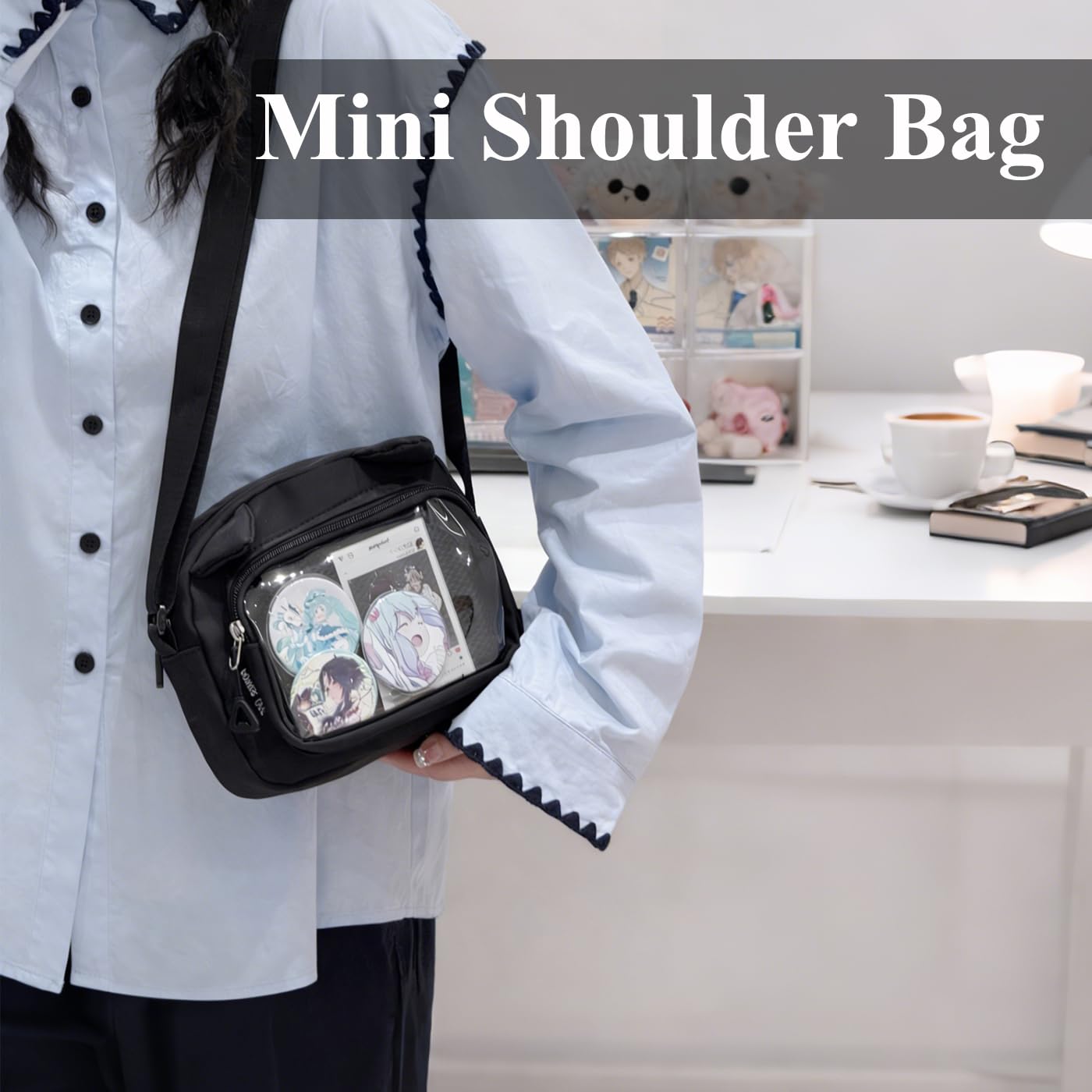Kleine Ita Messenger Tasche für Damen, Kawaii Crossbody Tasche mit transparentem Pins Display-Fenster, Nylon Schultertasche mit mehreren Fächern