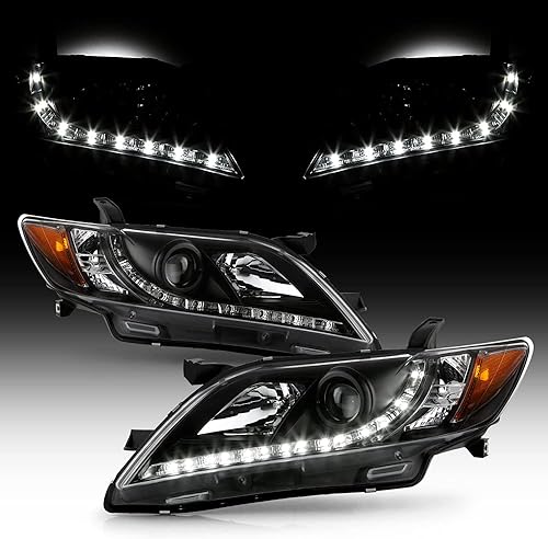 ACANII - Para 2007-2009 Toyota Camry LED DRL Running Black Housing Proyector Faros Faros Delanteros, Conductor y Pasajero