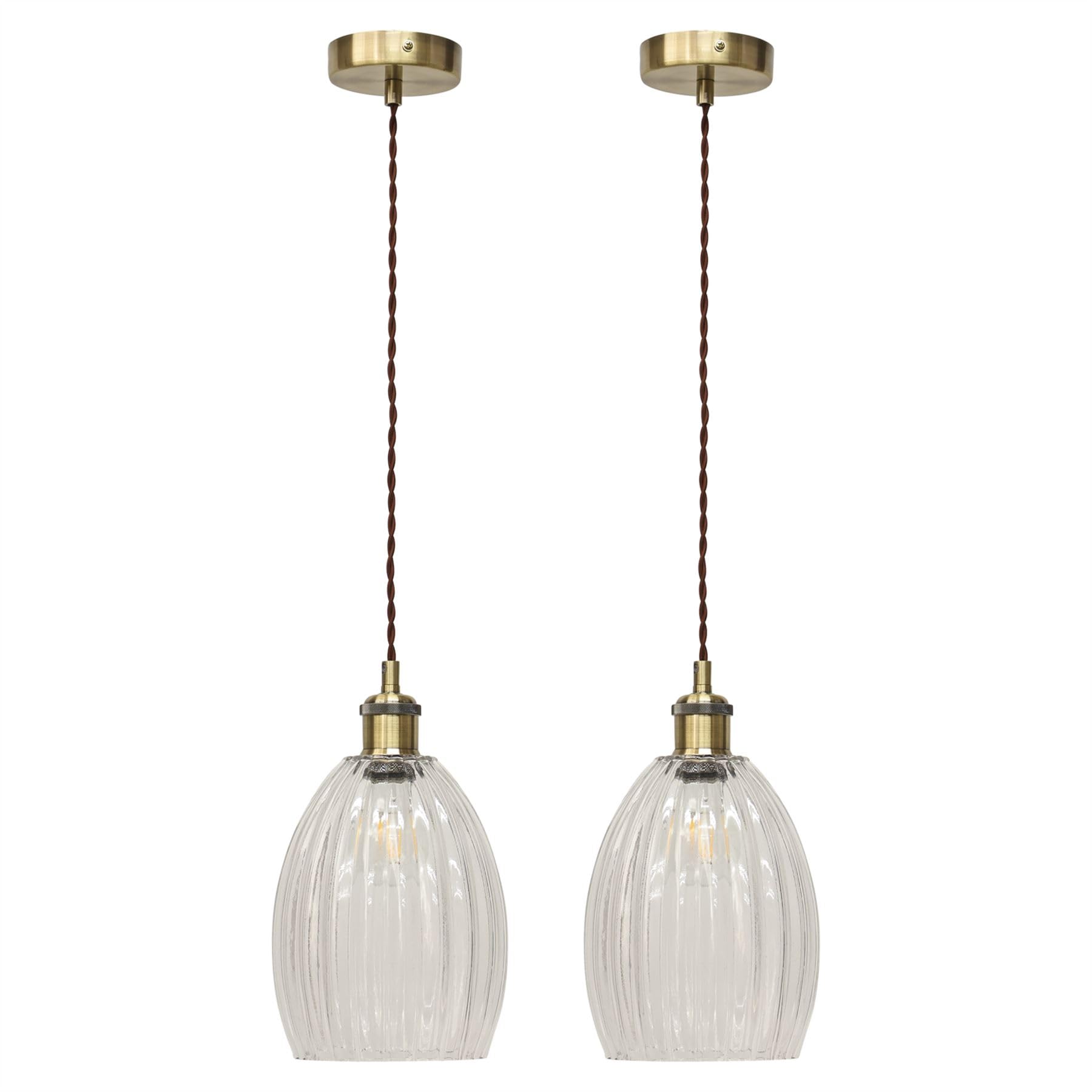 Set of 2 Birch - Clear Fluted Glass Antique Brass Retro Pendants
