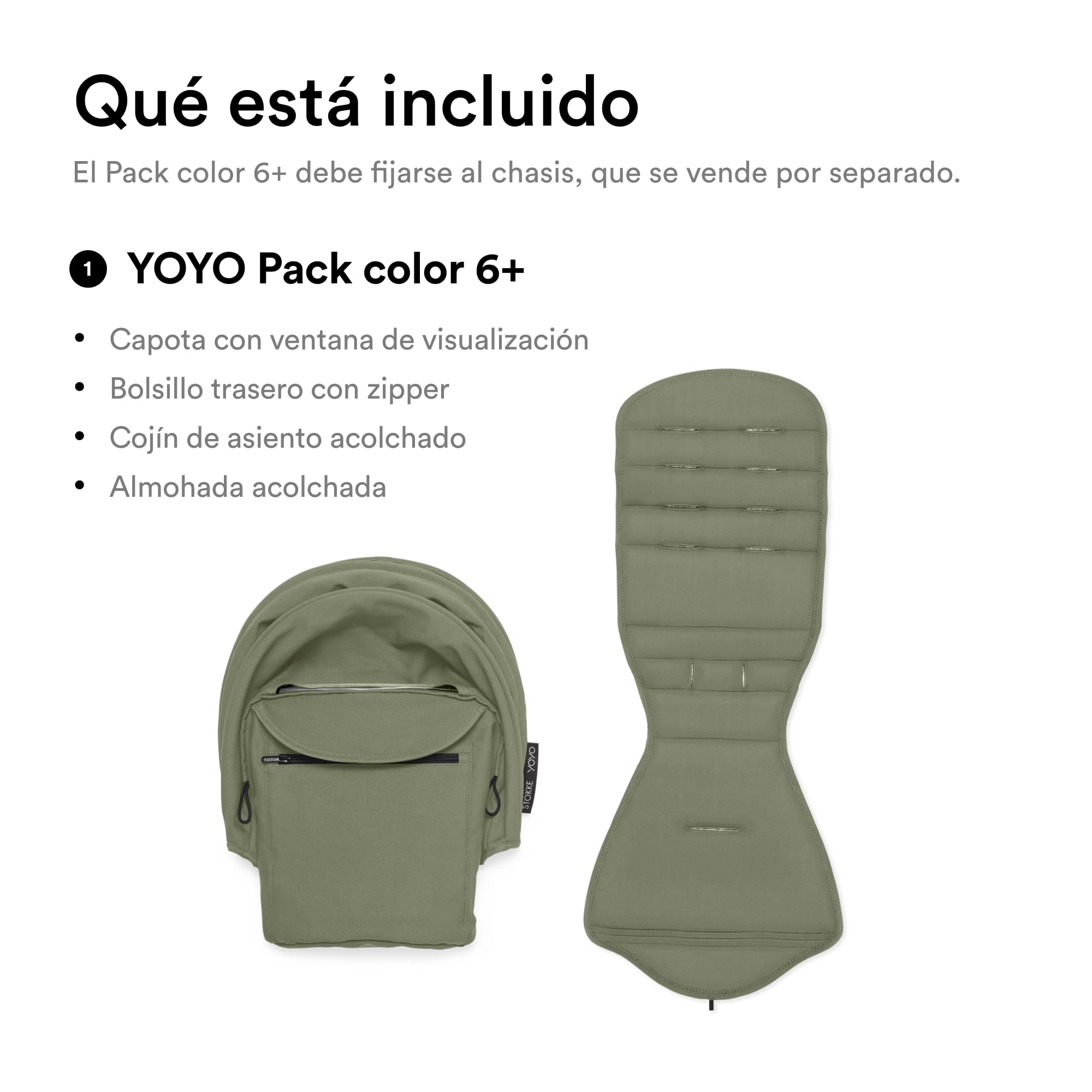Pack Color 6+ para YOYO, Olive - Solo Textiles: Cojín de asiento, dosel extensible y bolsillo trasero con cremallera - Requiere chasis del YOYO (se vende por separado)