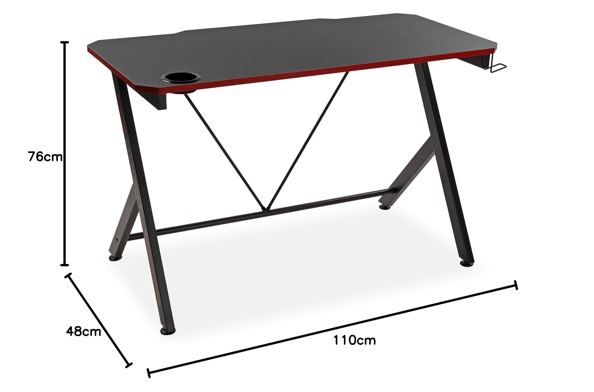 Versa Pablo stół do gier komputerowych, stół do pokoju lub gabinetu, uchwyt na kaski i napoje, wymiary (wys. x szer. x gł.) 76 x 60 x 120 cm, drewno i metal, czarno-czerwony