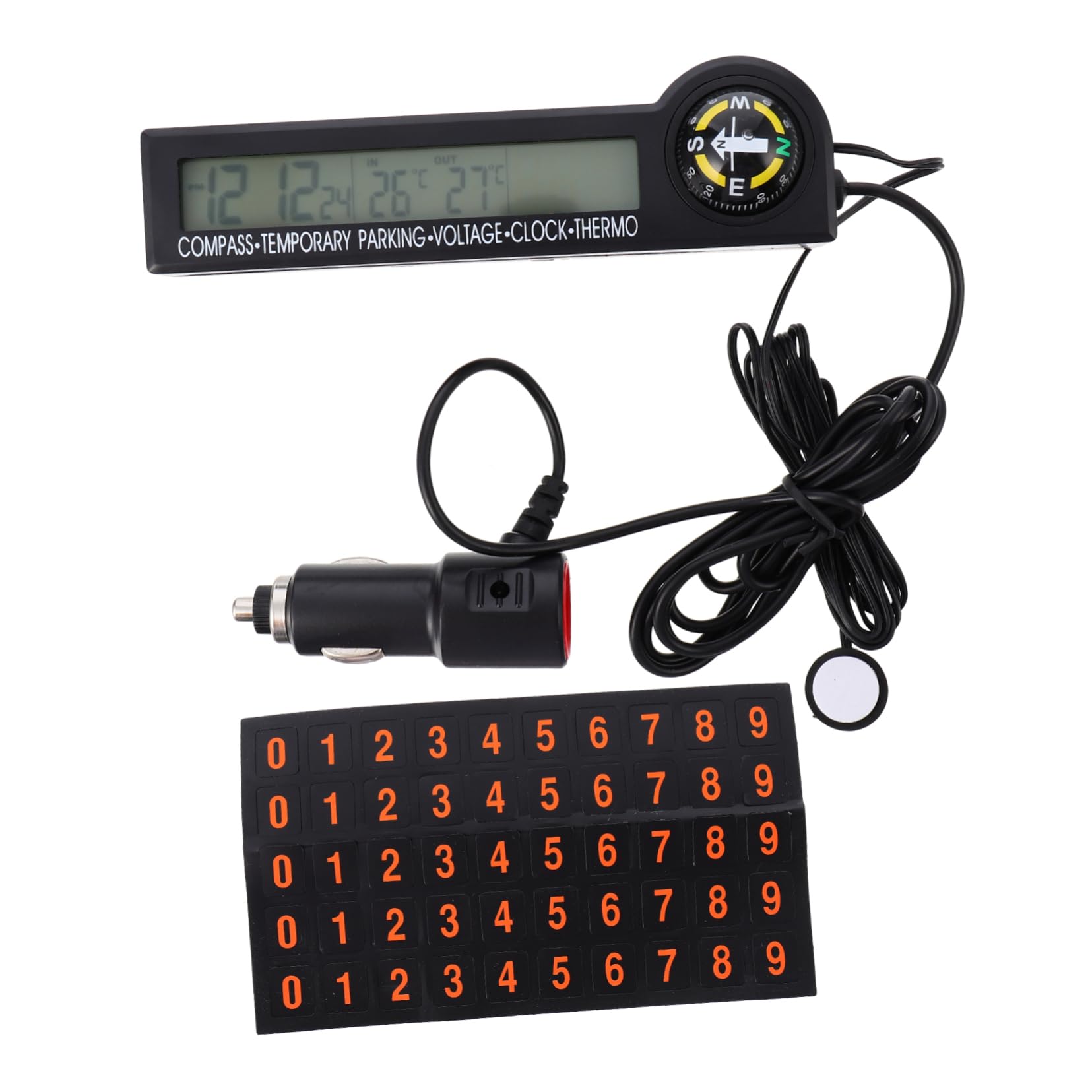 POPETPOP 2stücke Automotive Digital Thermometer Voltmeter Mit -uhr Und Kompass Multifunktionale Anzeige Für Auto Temperaturmessung Innen Und Außen Mit Farbigem Hintergrundbeleuchtung