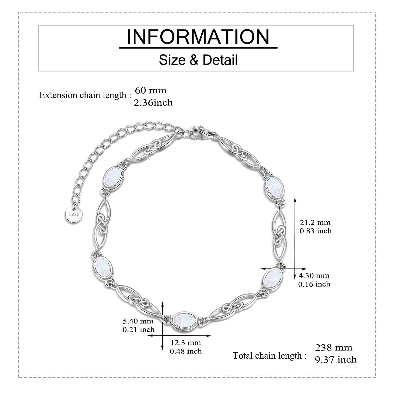YAFEINI Pulsera de ópalo blanco de plata de ley 925 con ópalo infinito, joyería para mujer