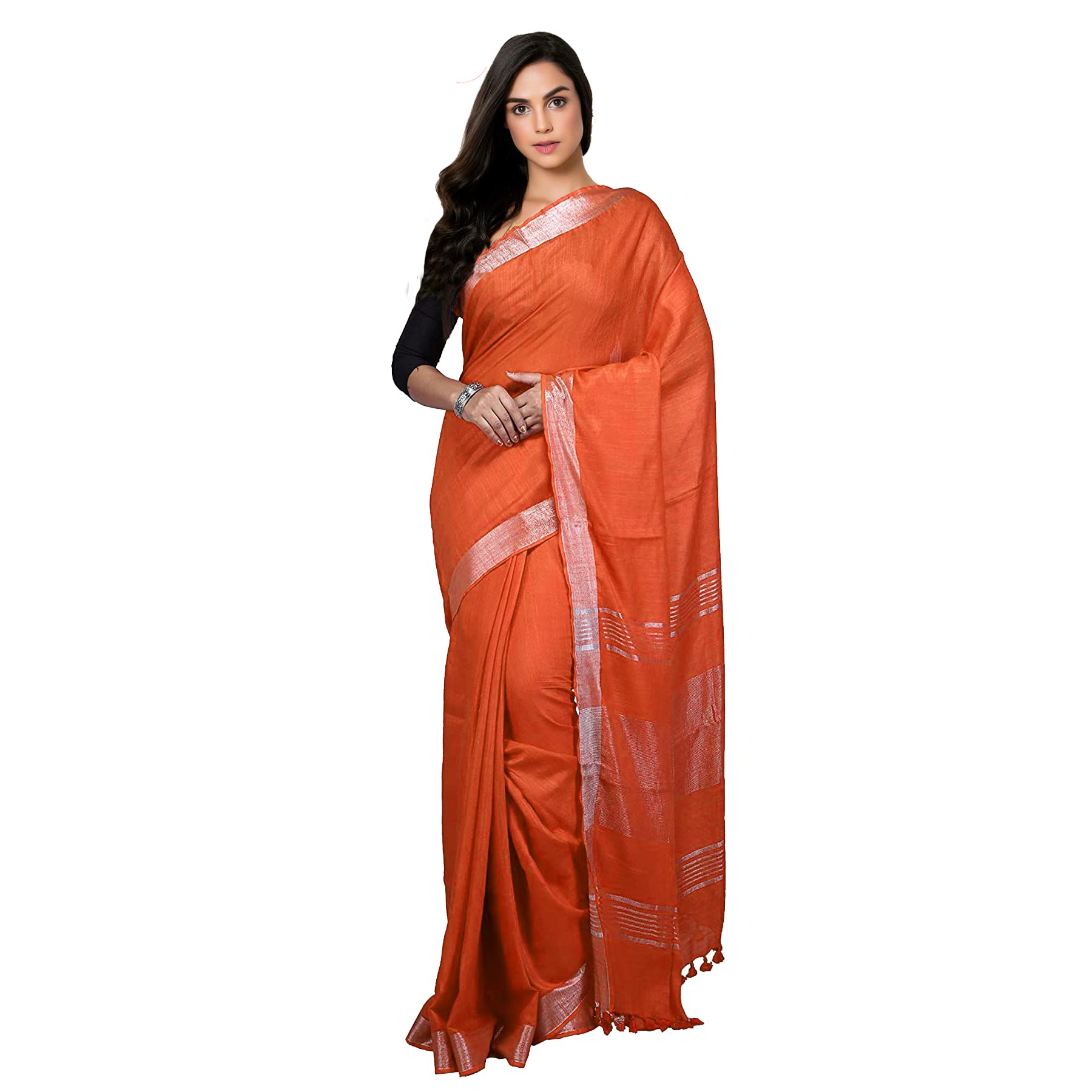 Craft Mania Bhagalpuri Handloom Women's Linen Cotton Saree With Attached Blouse Piece 001, Orange