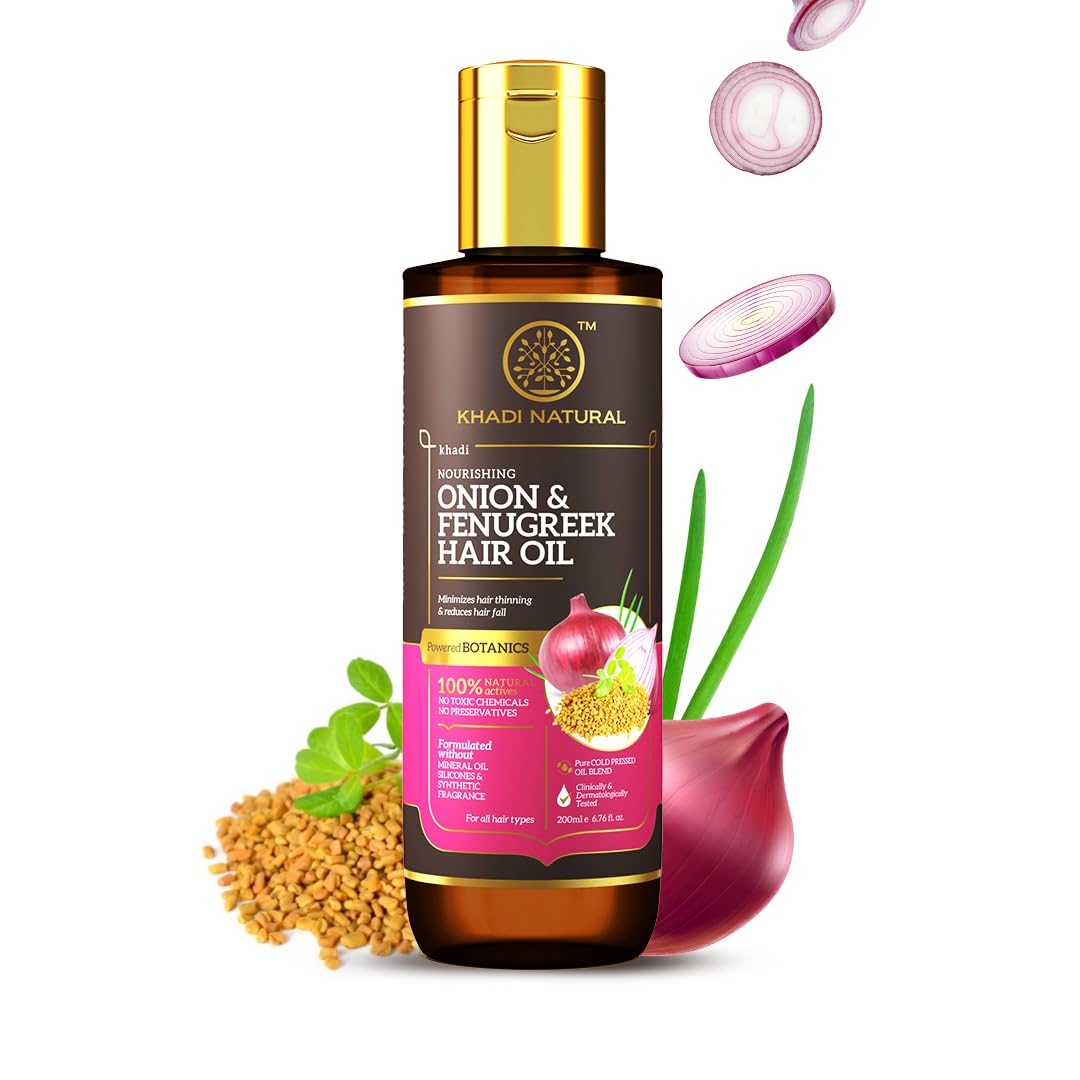 Khadi Natural Onion and Fenugreek Hair Oil| Strengthens Hair Follicles| Frizz-Free Hair| Paraben Free| – POWERED BOTANICS, 200ml