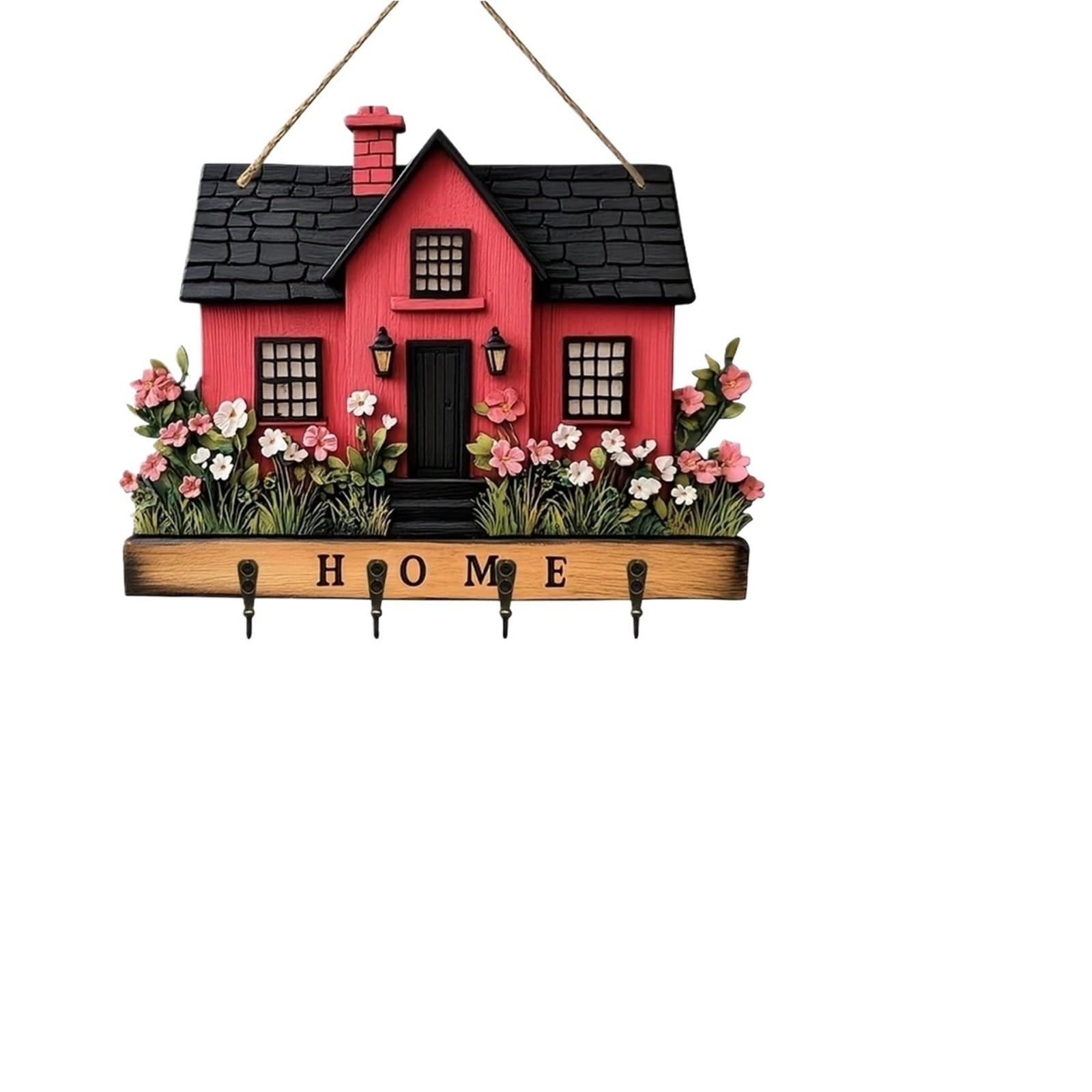 Missffcat 2D Wooden Key Rack – Multifunctional Wall Decoration, 4 Durable Metal Hooks(Red)
