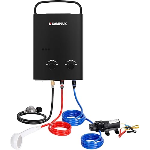 CAMPLUX 5L Portable Propane Gas Tankless Water Heater, 1.32 GPM Tankless Water Heater With 1.2 GPM Water Pump, Black