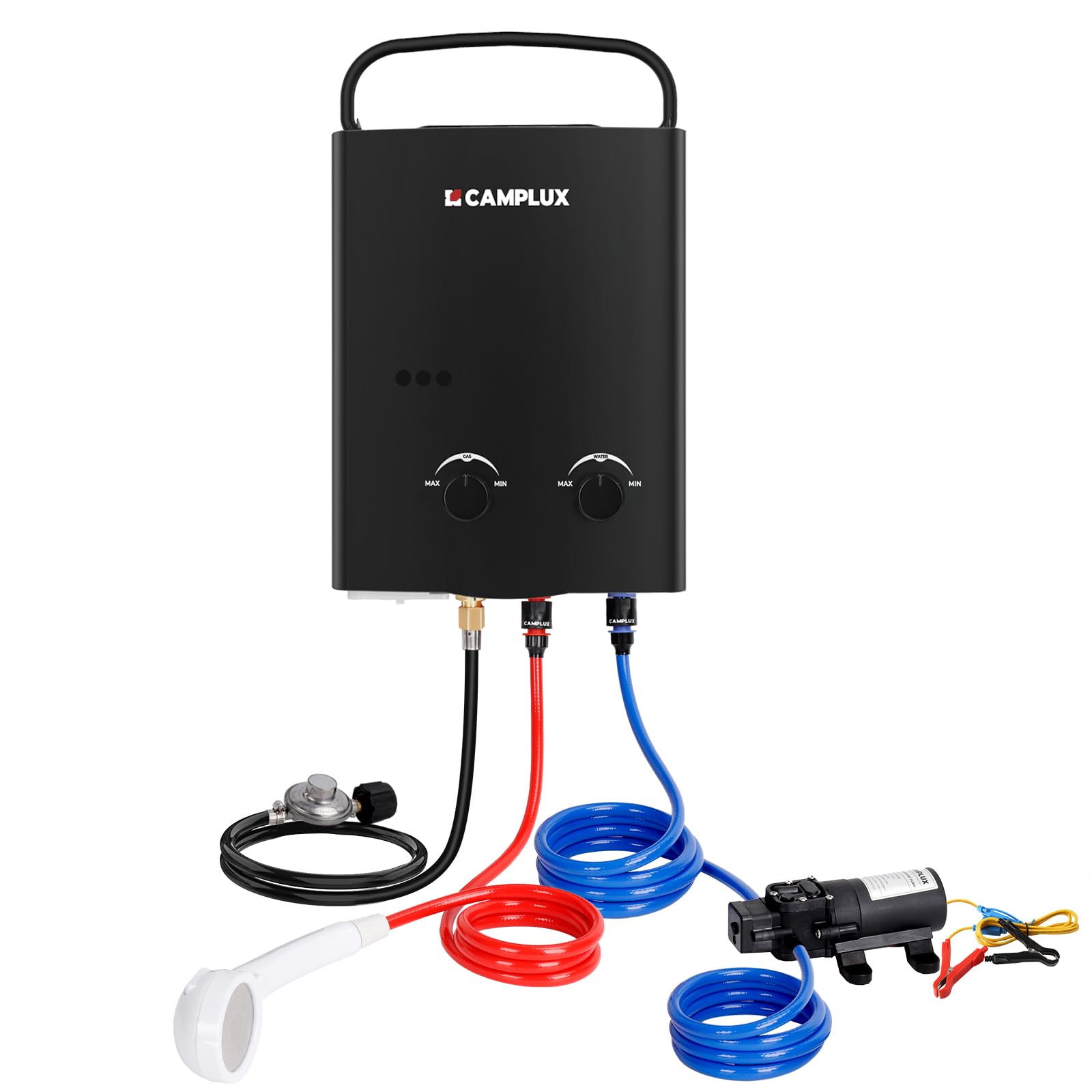 CAMPLUX 5L Portable Propane Gas Tankless Water Heater, 1.32 GPM Tankless Water Heater With 1.2 GPM Water Pump, AY132BP43, Black