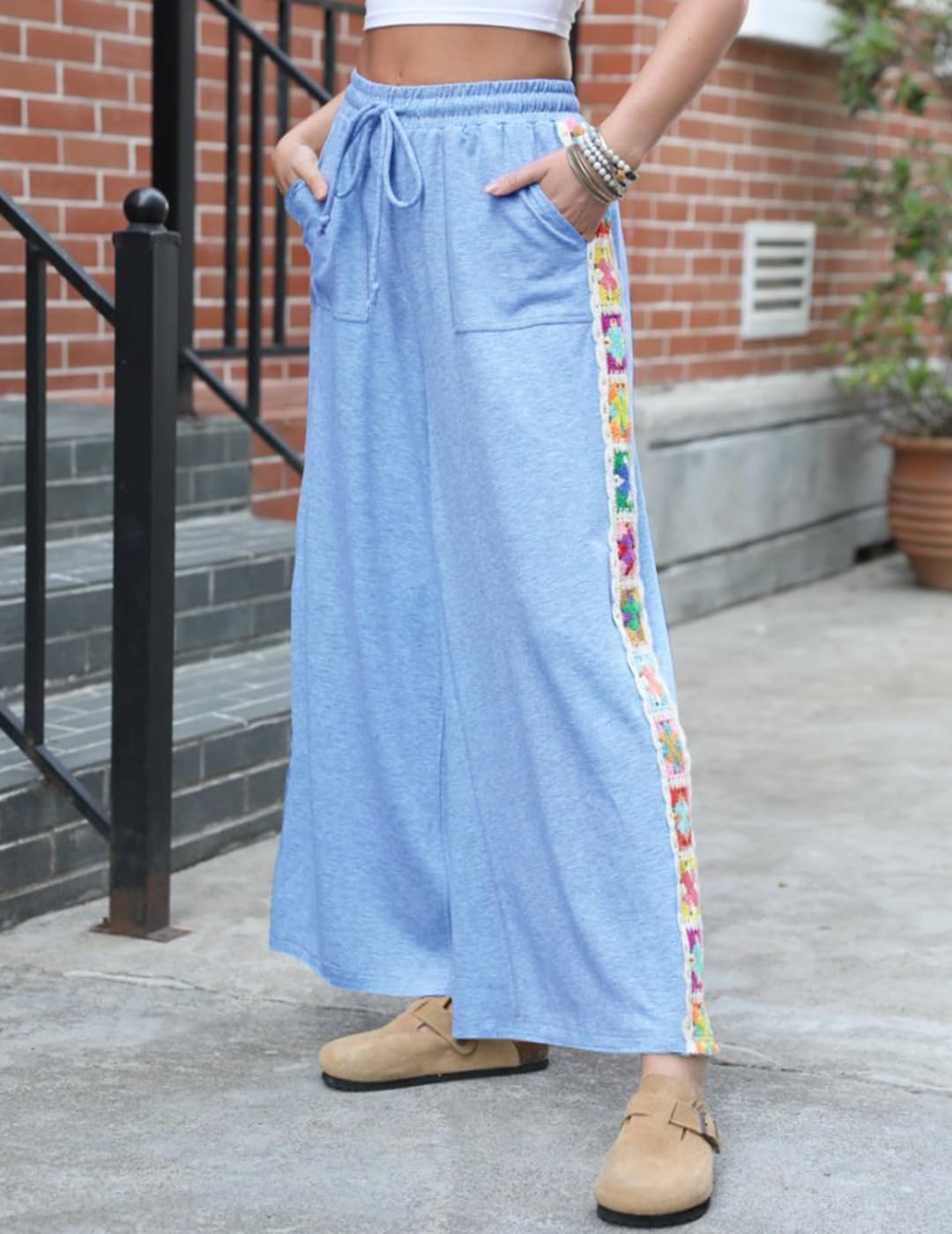 Womens Wide Leg Pants Stretch Casual Drawstring Waist Loose Lounge Sweatpants Crochet Panel Pant with Pocket - Image 6