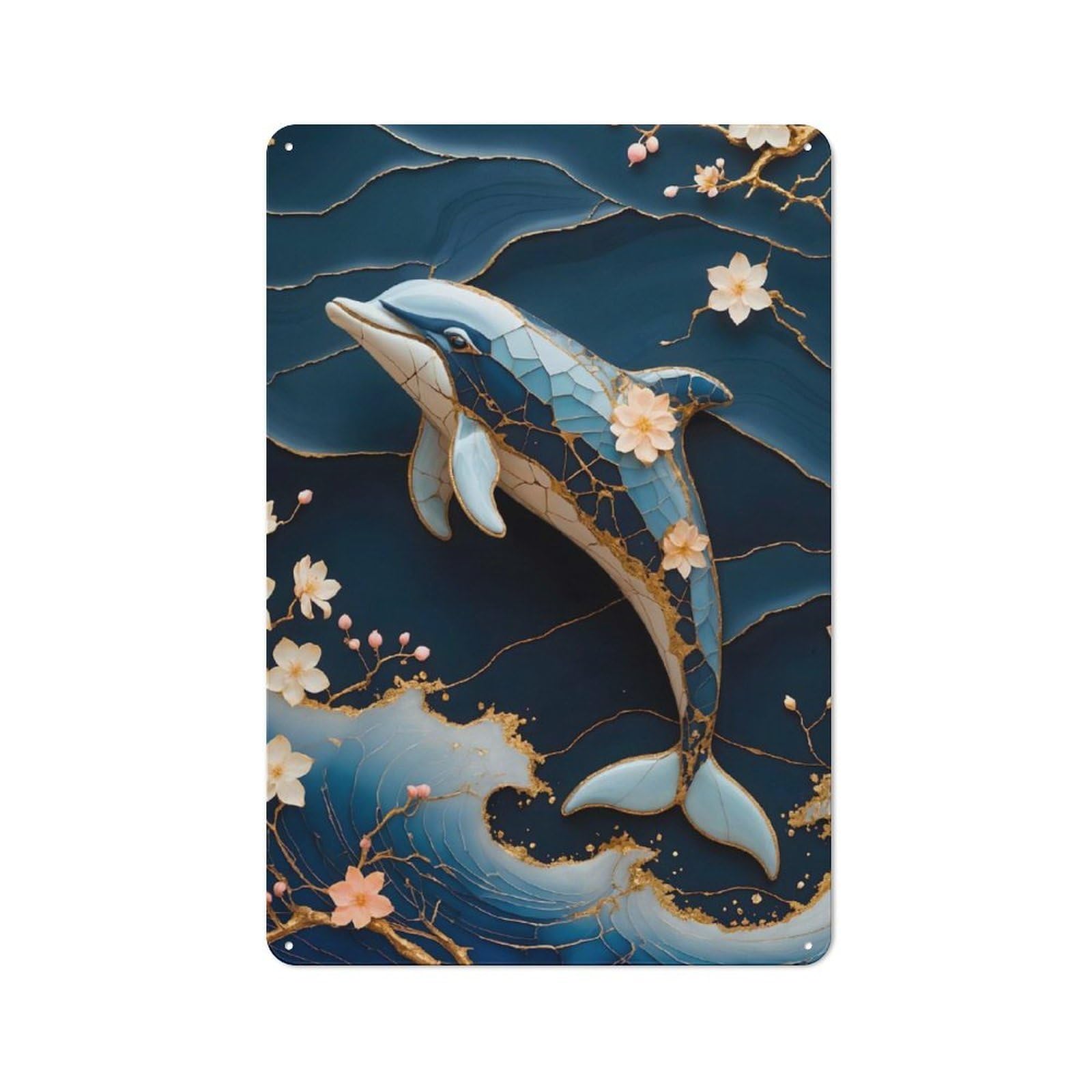 Dolphin Kintsugi Art Vintage Metal Wall Decor 30x20cm, Garage Metal Sign for Workshop, Basement, Shed Or Games Room