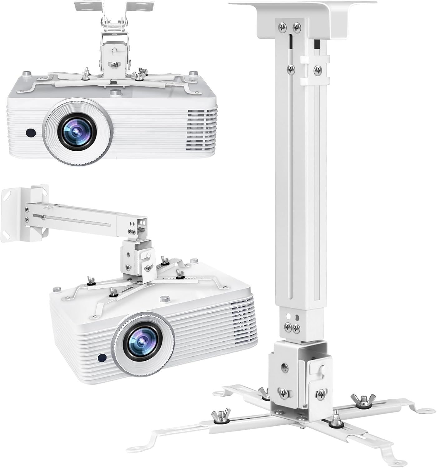 2-Be-Best Projector Ceiling Mount Wide Pipe Universal 3-in-1 Projector Wall Mount Bracket with Adjustable Arm, Flush Mount Option, Built-in Cable Management for Office Home White