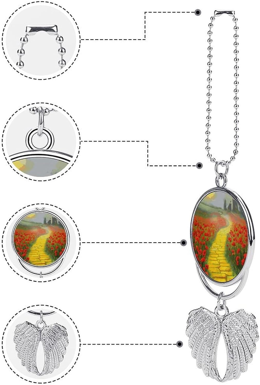 Guardian Angel Wing Hanging Car Charms Car Hanging Ornament Poppies Field Yellow Brick Road Rear View Mirror Hanging Accessories Aesthetic Pendant for Automotive Interior Home Bag Purse Decoration-sil