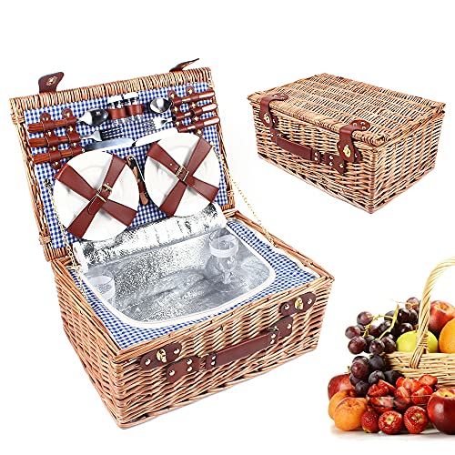 Wicker Picnic Basket Set, Picnic Baskets for 2, Package Include Cooler Compartment, Wine Glasses, Belt, Ceramic Plate, Knifes, Forks & Spoons, for Picnic, Camping, Valentine Day, Outdoor Party