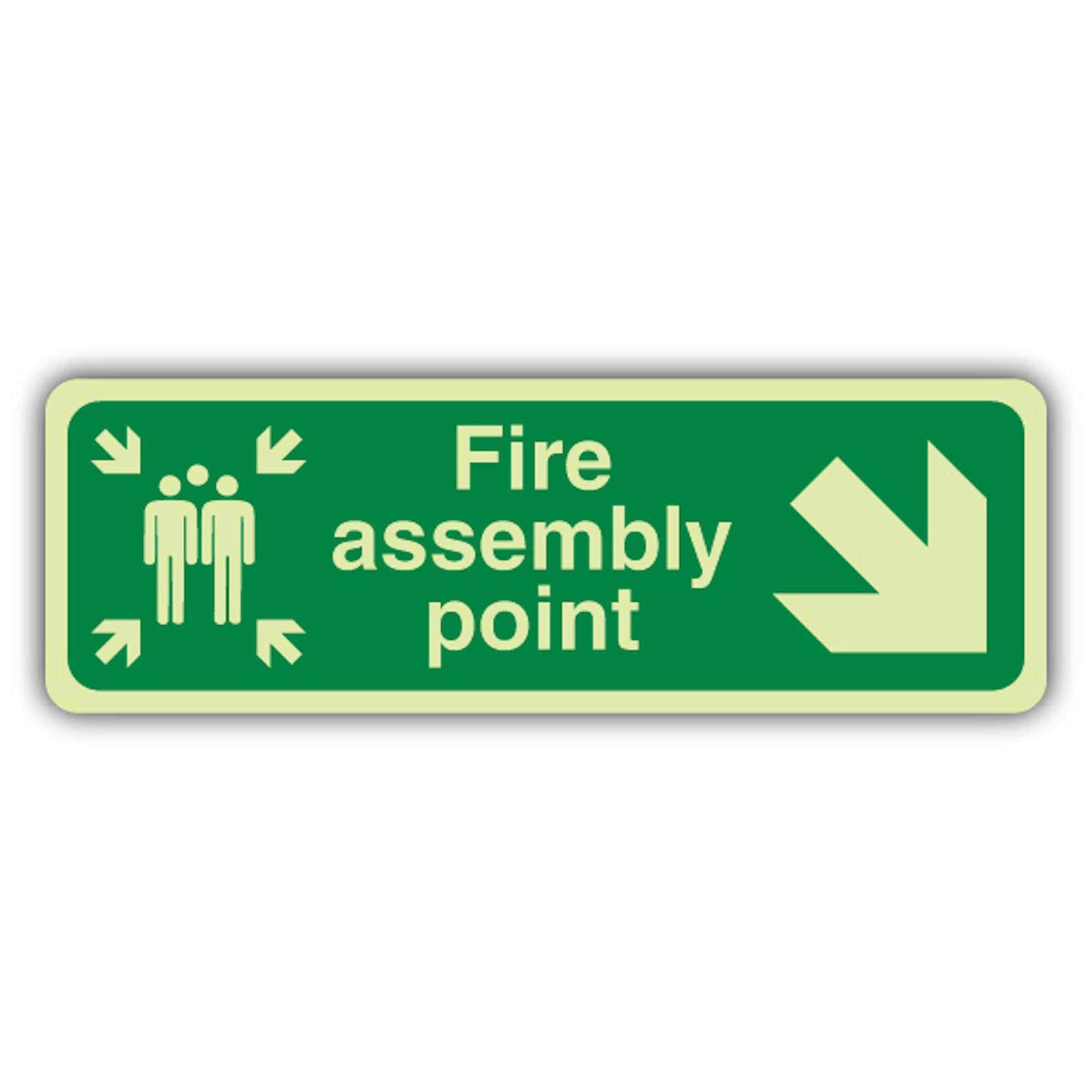 V Safety - Señal de seguridad que brilla en la oscuridad con punta de montaje de fuego con flecha hacia abajo a la derecha, 750 x 250 mm, hecha de vinilo autoadhesivo de triple brillo, señalización de