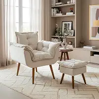 Kit Poltrona Decorativa Para Sala Amamentação Recepção Manicure com Puff Para Quarto Penteadeira Closet Quadrado Tecido Suede (Bege)