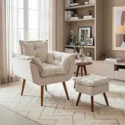 Kit Poltrona Decorativa Confortável Para Sala Recepção Manicure com Puff Para Quarto Penteadeira Closet Quadrado Tecido Suede (Bege)