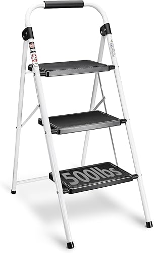 Delxo Escalera de 3 escalones, taburete plegable para adultos con asa, taburete ligero perfecto para cocina y hogar, portátil, seguro, resistente,