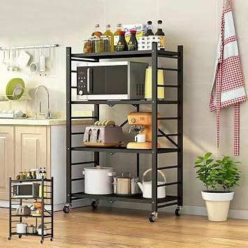 Foldable, 4-Tier Steel Rack with Casters, Stopper Included, Storage Shelf, Kitchen, Cupboard, Easy Assembly, Home, Commercial Use, Warehouse, Office, Multi-Purpose Storage, Space Saving, Durable, Width 28.0 x Depth 13.4 x Height 49.2 inches 71 x 34 x 125 cm, Black