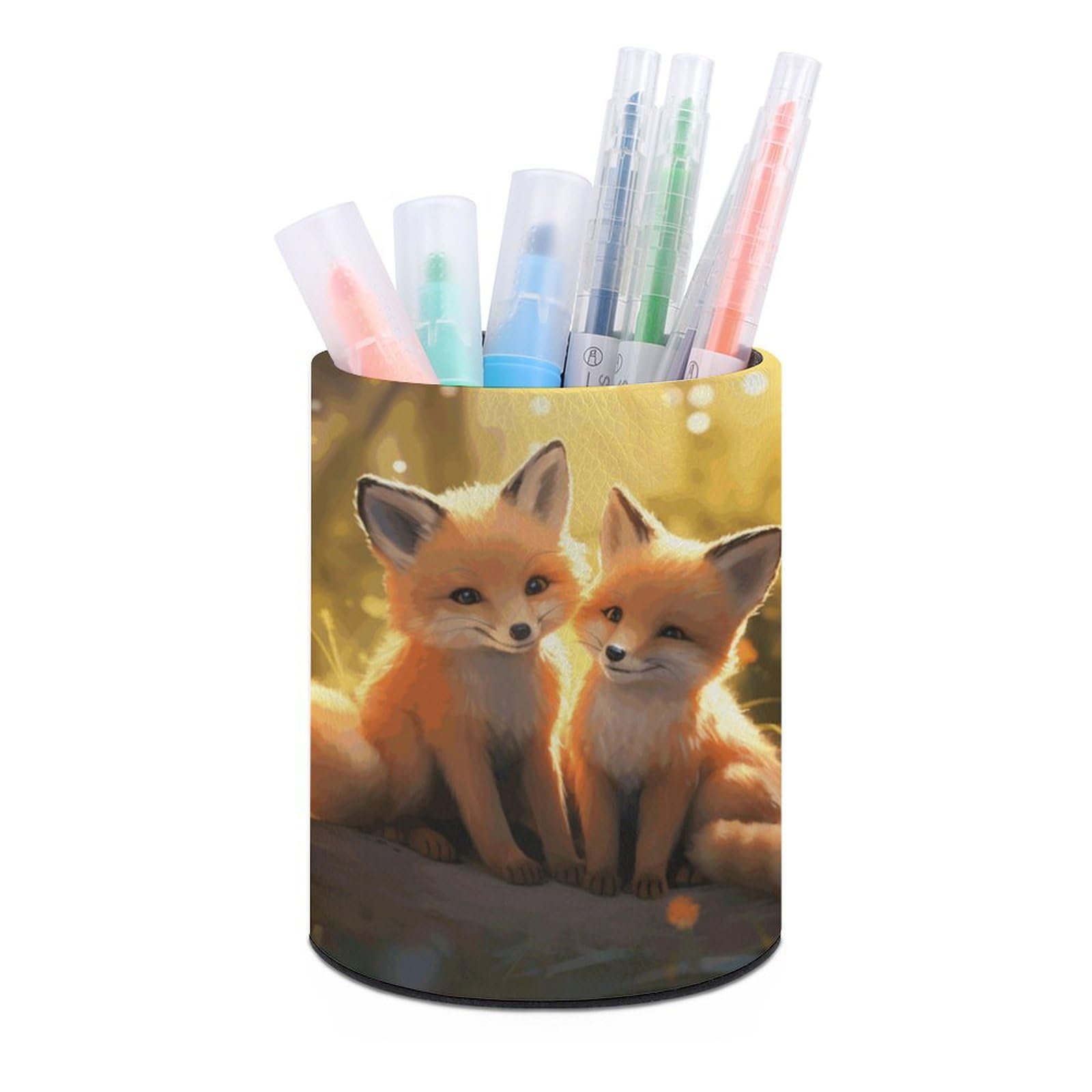 JTREHY Round Pen Holder,Cute Foxes Printed Makeup Brush Storage Box for Home Office Dressing Table
