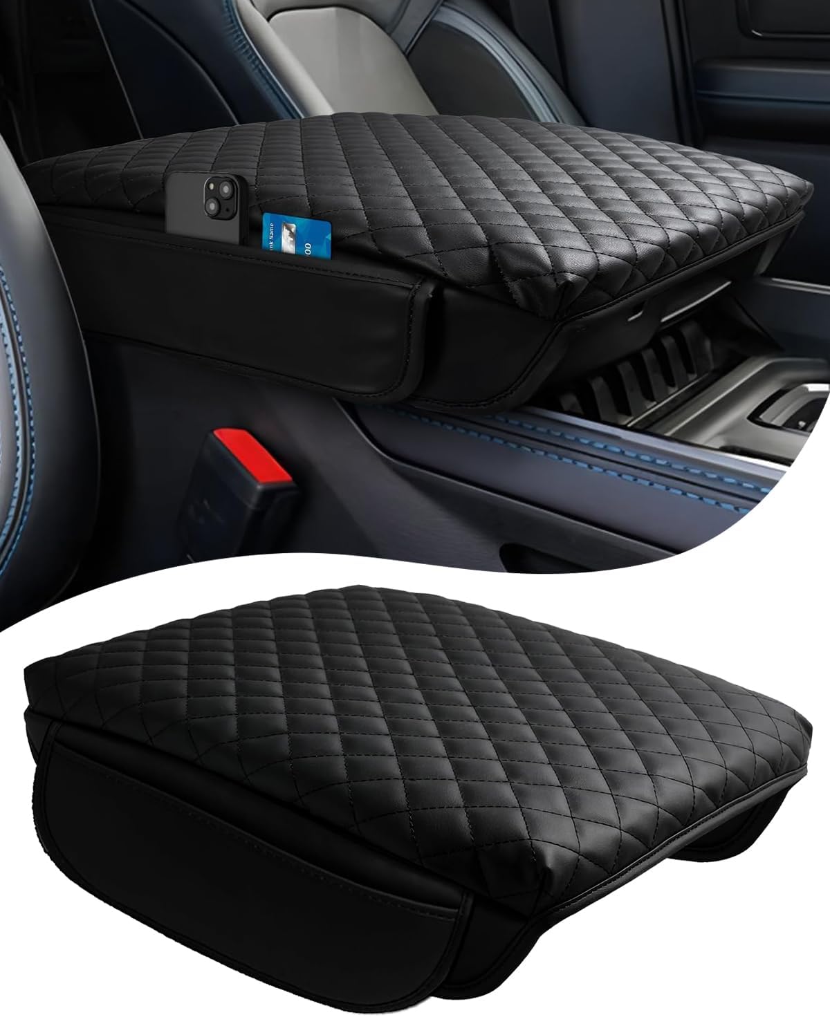 1-Inch Thick Center Console Armrest Cover Compatible with 2019-2025 2026 Chevy Silverado & GMC Sierra Bucket Seat, PU Leather Arm Rest Cover with Side Pockets, Middle Console Lid, Waterproof