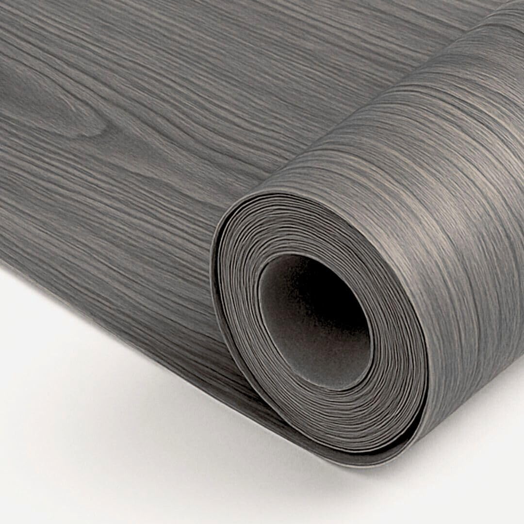 Suelo de Vinilo Para Instalar en Rollo | Suelo PVC Decorativo Hogar, Cocina, Baño, Salón | Suelo Efecto Madera | Suelo PVC Roble Gris Antracita Estriado (140_X_900_CM)