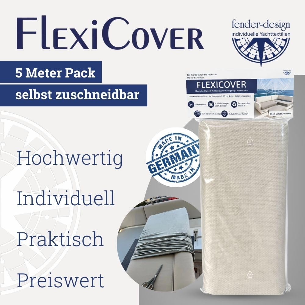 FlexiCover Polsterschlauch – Nahtloser Polsterüberzug für Sitz und Rückenpolster 5 m – elastischer Schlauchstoff für Polster – Bootszubehör
