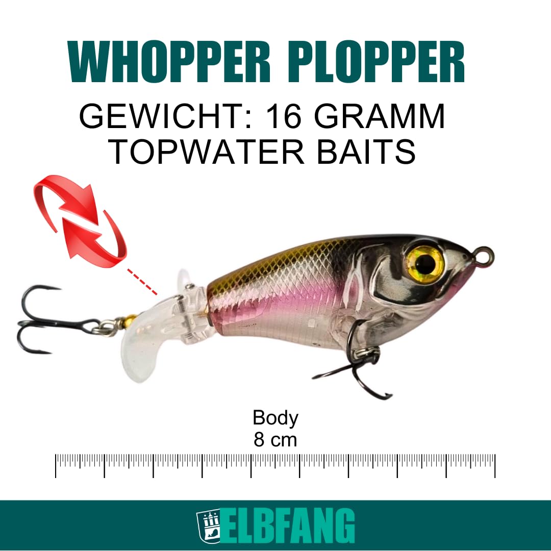 Topwater Señuelos de pesca | 8 cm – 16 gramos | 5 unidades con caja de cebo | Juego de cebos artificiales para pesca de lucio y bagre