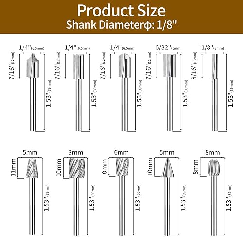 Miniatura 6 de Brocas de tallado de madera para herramientas rotativas Dremel con vástago de 1/8 pulgadas, 20 piezas HSS diferentes rebabas para satisfacer tus