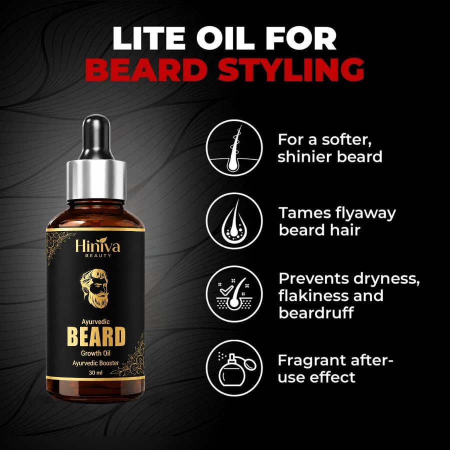 Image of Hiniva Ayurvedic Beard Growth Oil for Men | Beard Growth & Thickening Oil | Reduces Beardruff, Dryness & Itching | Softens, Nourishes & Strengthens Beard | Herbal Blend with Castor, Amla, Bhringraj & Black Seed Oil | 30ml